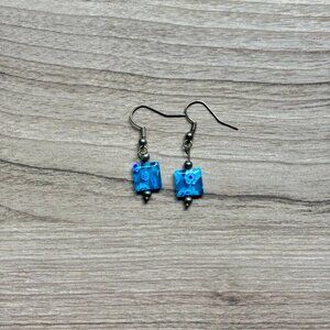Handmade Blue Square Blown Glass Bead Dangle Earrings